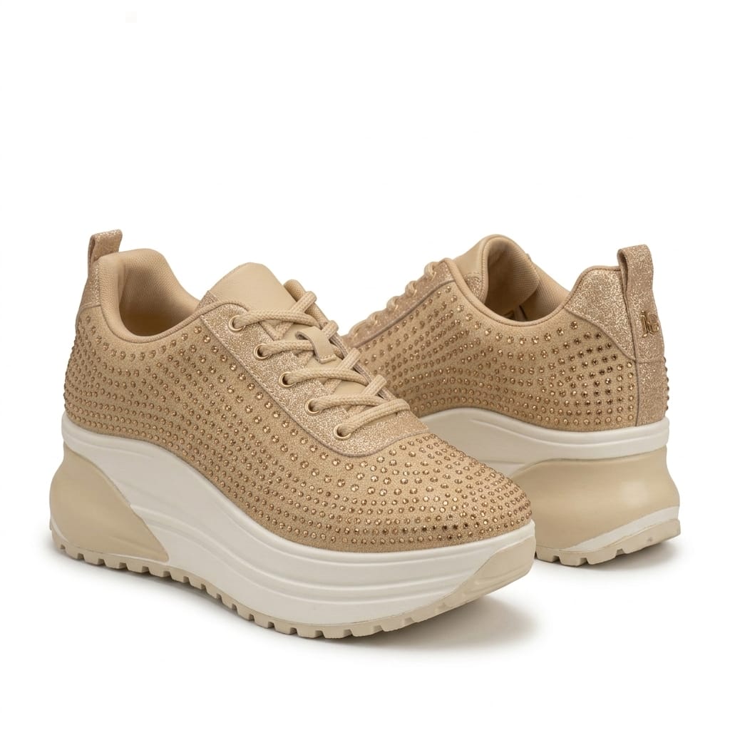 Pair of luxury champagne rhinestone platform sneakers for women shown from a 3/4 angle on a white studio background.