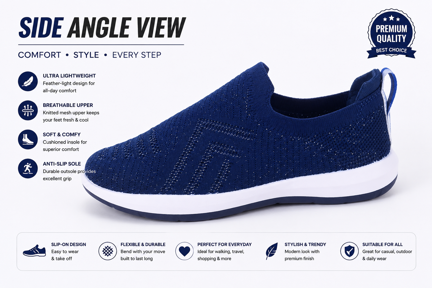 Men's navy blue lightweight casual walking shoes with cushioned sole