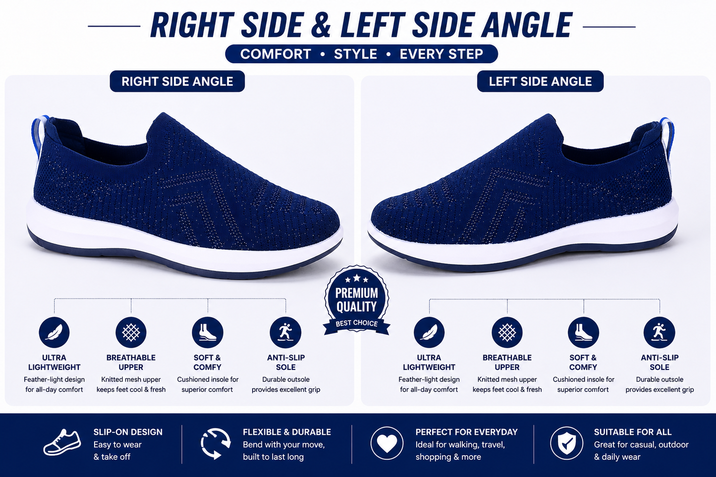 Navy blue slip-on sneakers with flexible anti-slip outsole for men