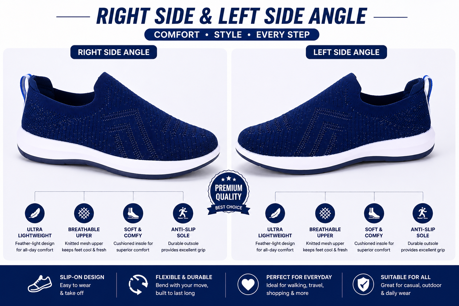 Navy blue slip-on sneakers with flexible anti-slip outsole for men