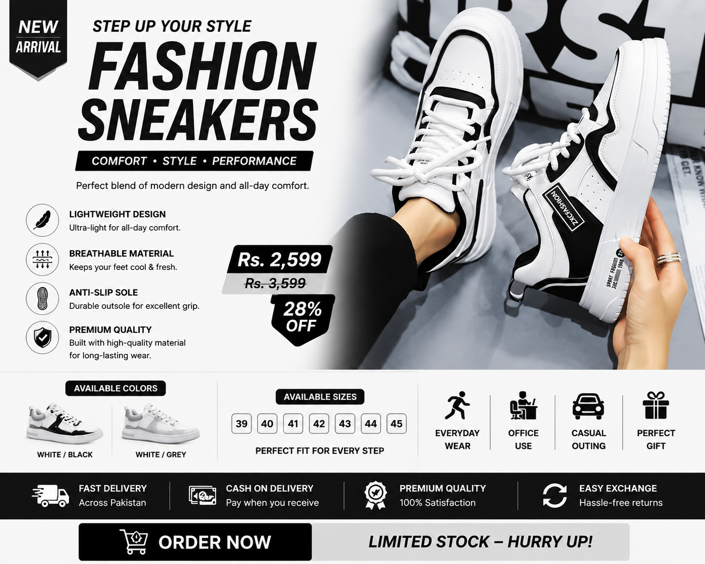 Men's white and black fashion sneakers with stylish modern design