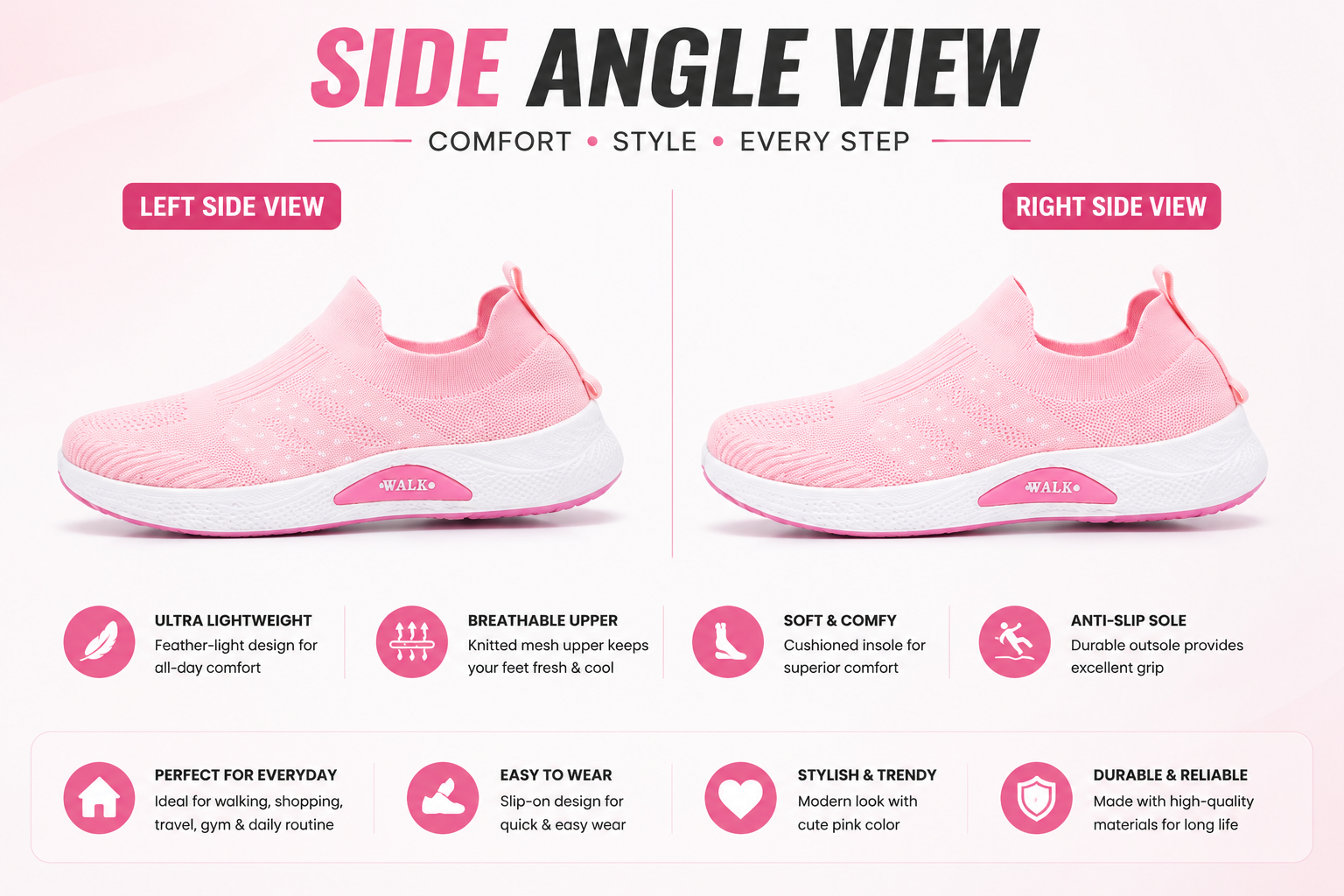 Pink women's slip-on casual sneakers with anti-slip outsole